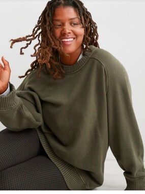 Aerie Down-To-Earth Nomad Olive Green Crew Neck Rib Detail Sweatshirt